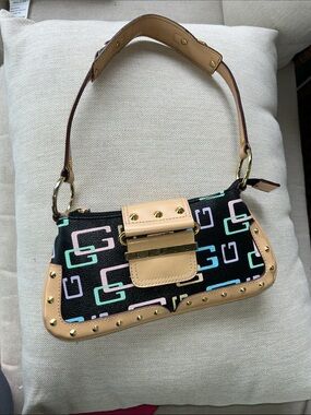 Guess Black Shoulder Bag with Pastel Multicolor Logos and Tan Trim